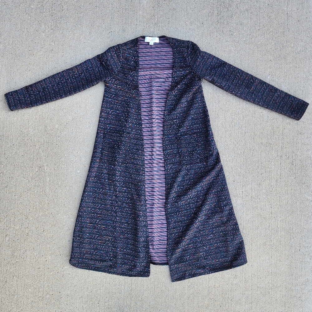 LulaRoe Multicolored Sarah Duster Cardigan Women's Size 10 Pockets Layer EUC